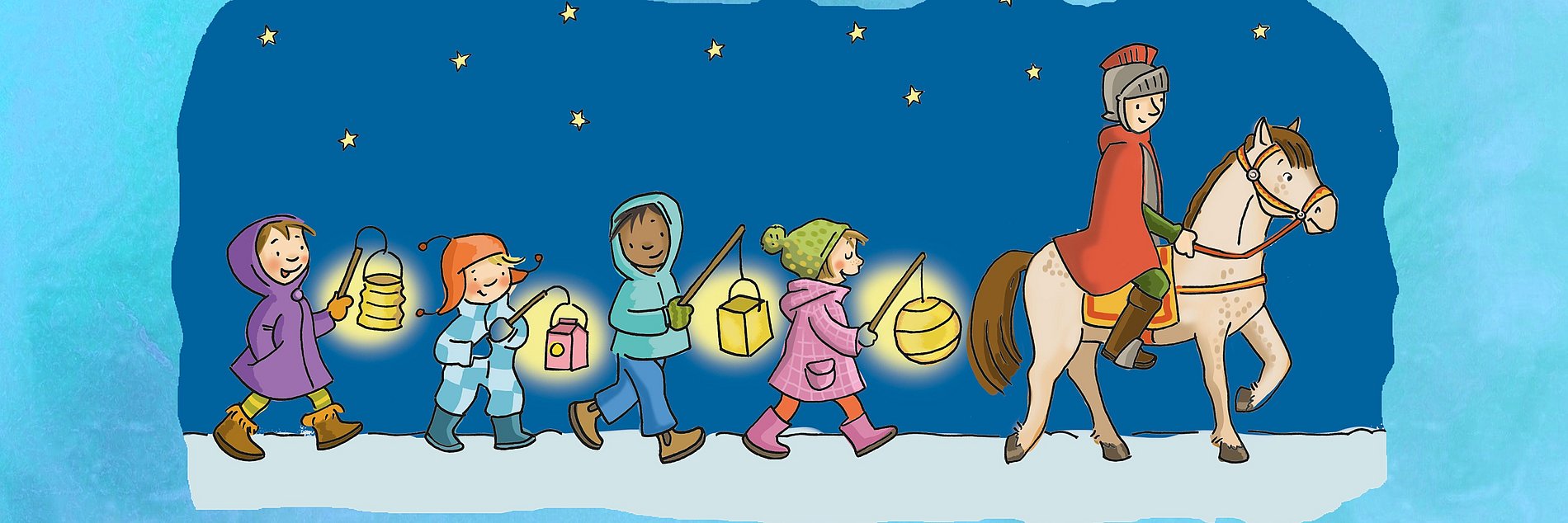 Kinder und der Heilige Martin machen einen Laternenumzug